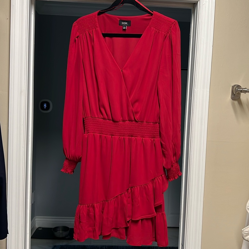 Red long sleeve, smocked waist, pullover dress ruffled-hem dress from MSK